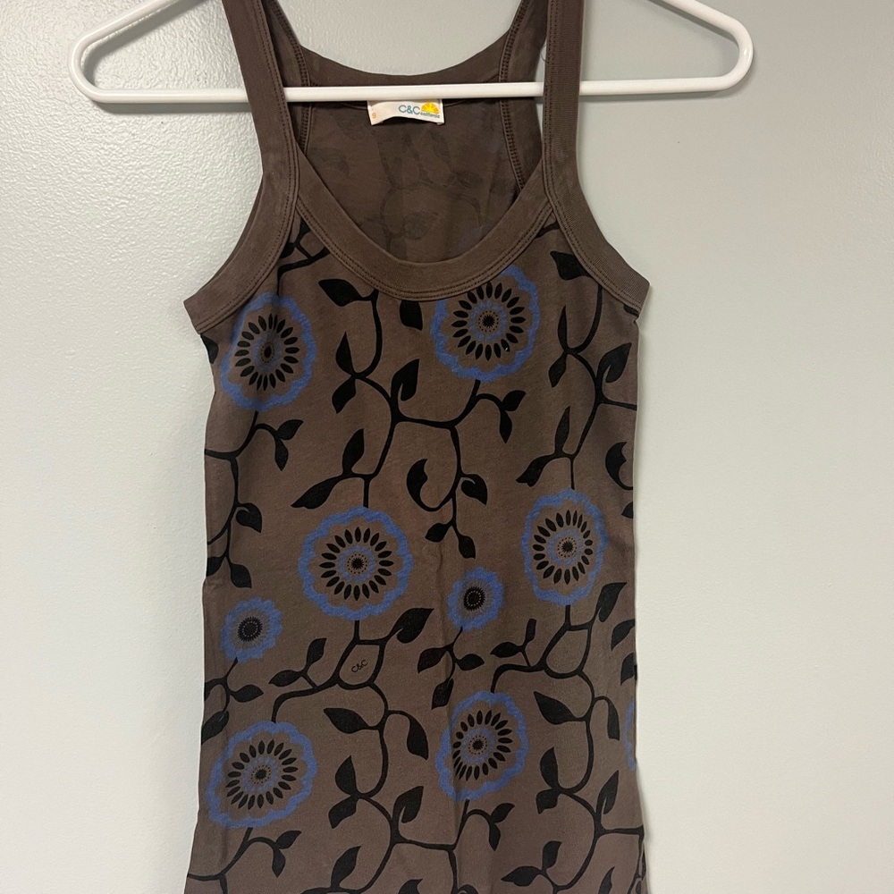 C&C California Brown Tank Top with Blue Floral Design